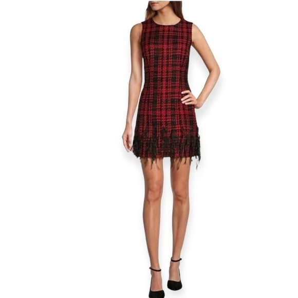 ANTONIO MELANI Dresses & Skirts - ANTONIO MELANI Irine Tweed Feather Sleeveless Sheath Dress Red Black NEW Holiday